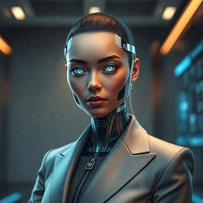 The primary subject of the image is a woman with blue eyes, wearing a gray suit and a black tie. She is posing for the camera, and her eyes are glowing. The setting is a room with a desk and a chair, and there is a clock on the wall. The visual style is digital art, and the colors and mood are dark and mysterious.